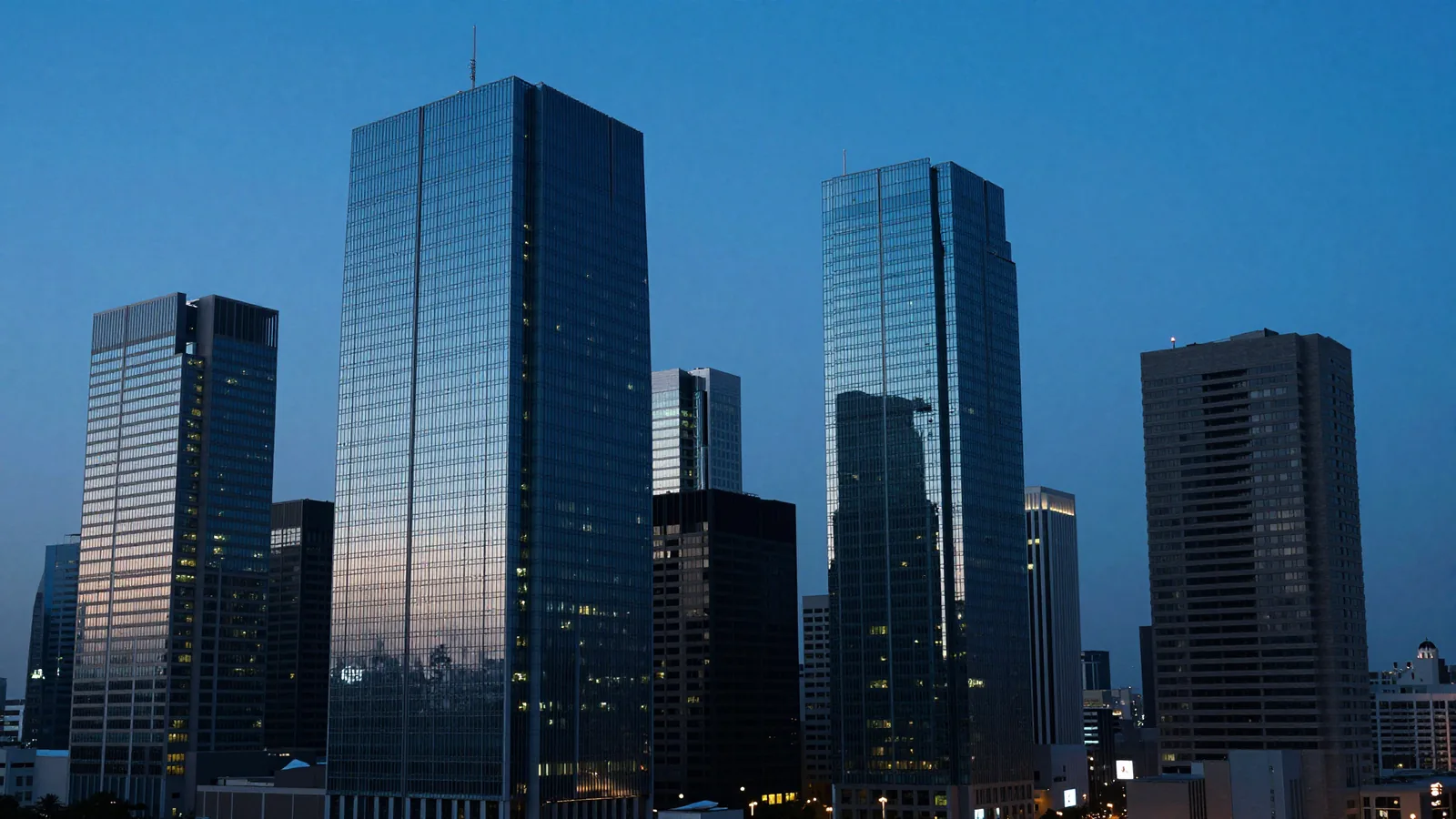 Quartier d'affaires africain moderne à l'heure bleue, symbole de l'implantation d'entreprises.