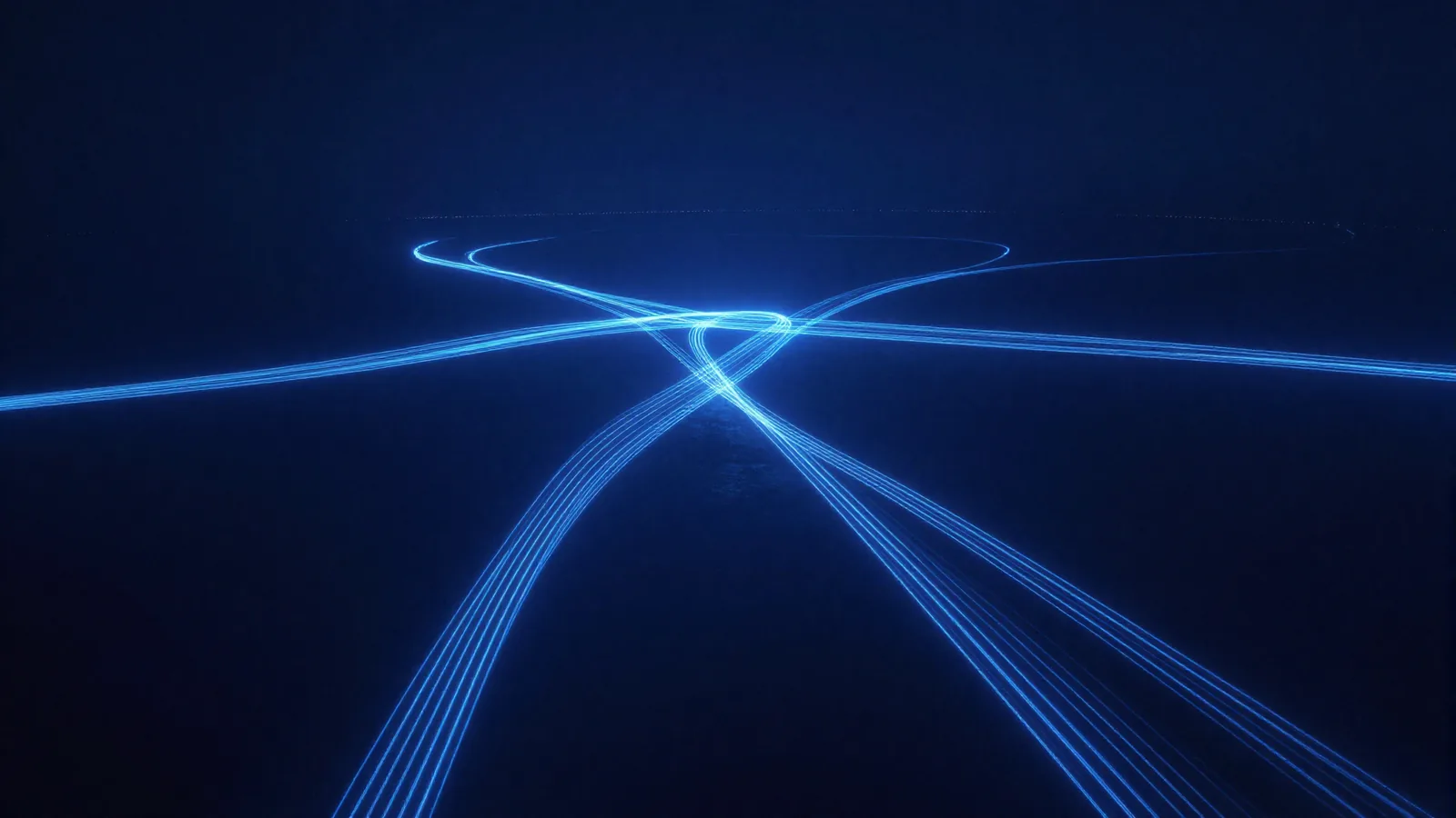 Lignes de lumière cobalt figurant les corridors commerciaux au-dessus de l'Atlantique.